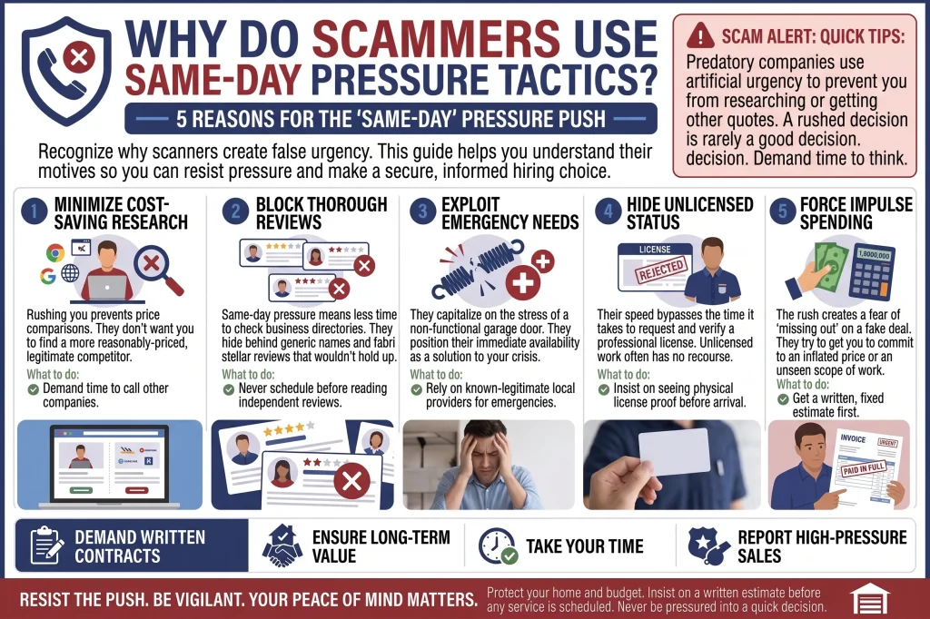 Why Do Garage Door Scammers Push Same-Day Pressure?